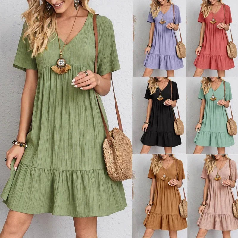 Summer European and American Plus Size Women's Skirts Loose Casual Short Sleeve Belted Elegant Large Size Dress