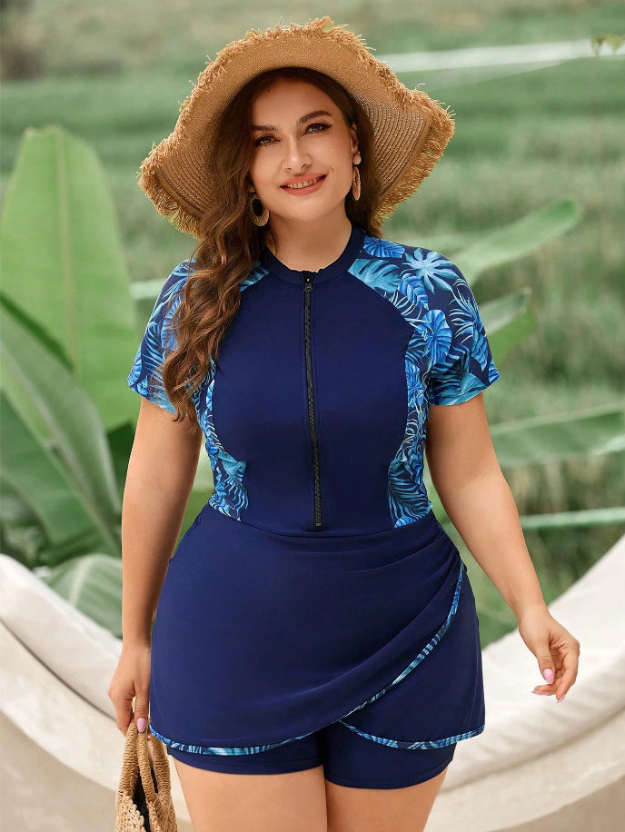 Split short sleeved zipper plus size Tankini swimsuit