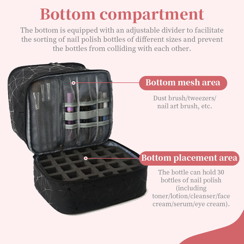 Portable 30-Compartment Nail Organizer Case with Polish & Oil Bags, All-in-One Manicure Tools & Cosmetic Storage Kit