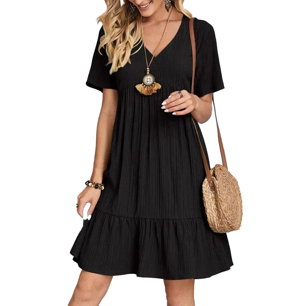 Summer European and American Plus Size Women's Skirts Loose Casual Short Sleeve Belted Elegant Large Size Dress