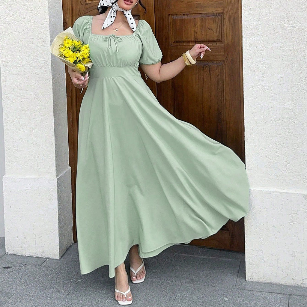 Sexy Women's Square Neck Bubble Sleeve Solid Color Elegant Plus Size Dress