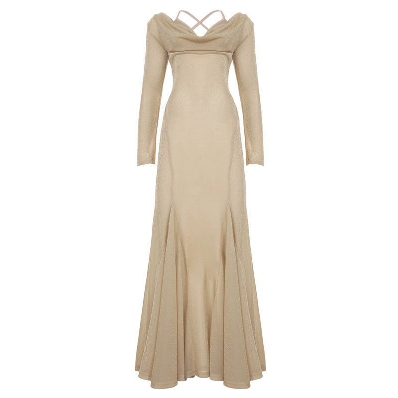 Style Golden Glitter Two-Piece Dress with Micro-Transparency, Sexy Backless Tied Evening Gown Long Skirt
