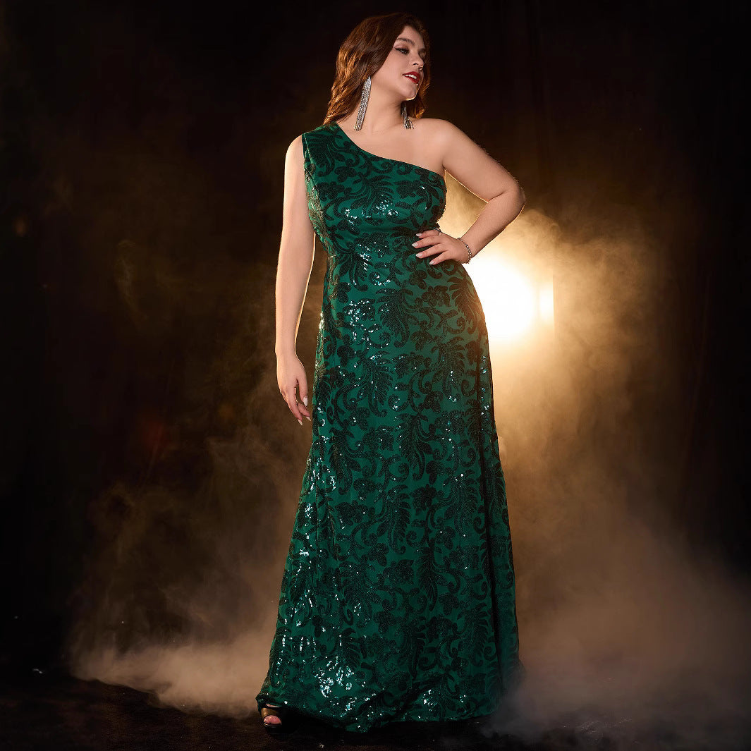 Elegant Long Sleeveless Dress with Asymmetric Neckline Glittery  Evening Gown Plus Size Formal Dress