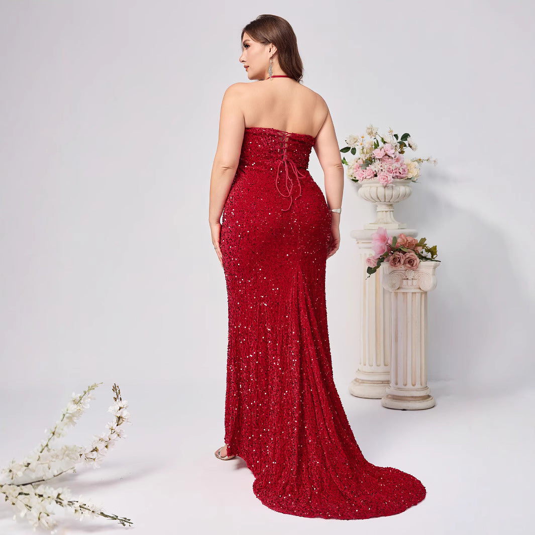 Elegant Red Sleeveless Sequined Dress with Neckline and Slit for Women, Fashionable and Sexy, Plus Size, Party Dress