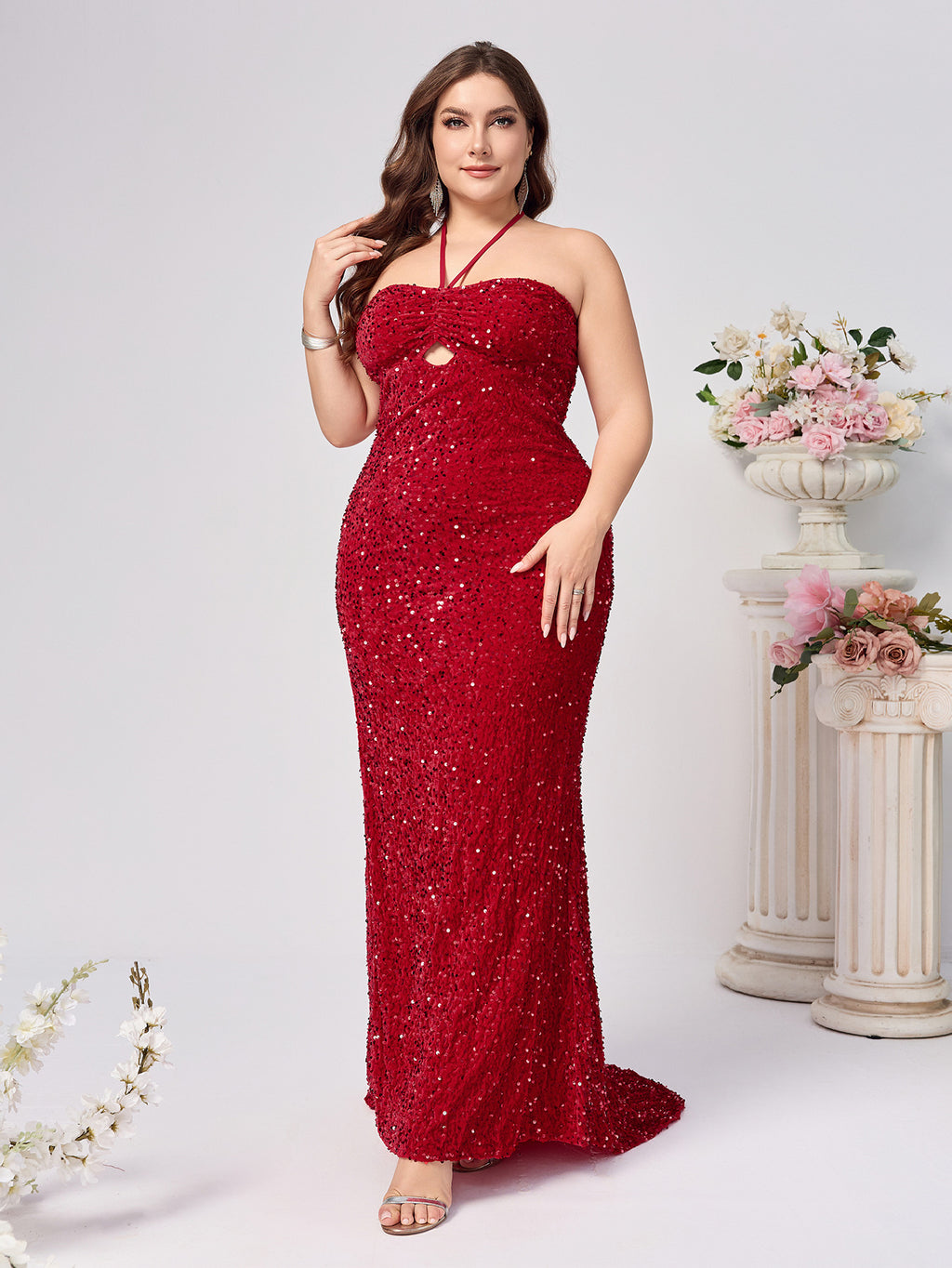 Elegant Red Sleeveless Sequined Dress with Neckline and Slit for Women, Fashionable and Sexy, Plus Size, Party Dress
