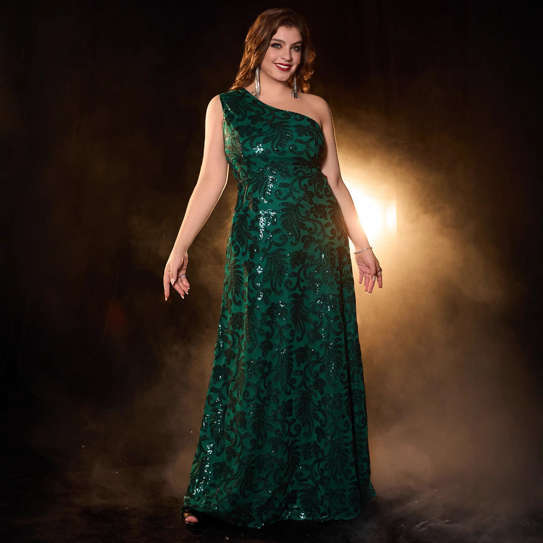 Elegant Long Sleeveless Dress with Asymmetric Neckline Glittery  Evening Gown Plus Size Formal Dress