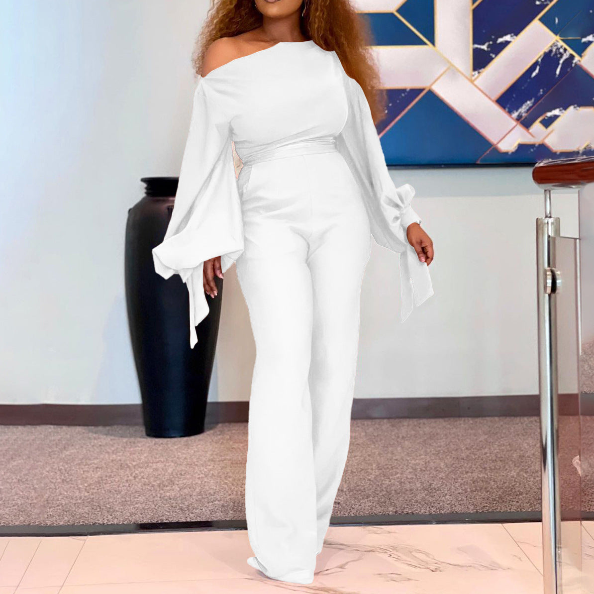 European and American Women's Off-the-Shoulder Casual High-Waist African Plus Size Wide-Leg Jumpsuit