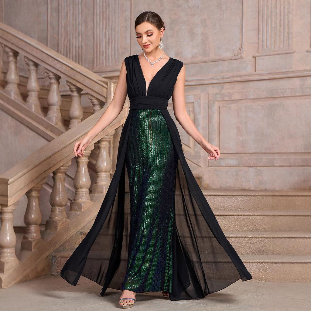 Big Size Women's Standard Size Dress, Winter New Glitter Sleeveless Evening Party Gown