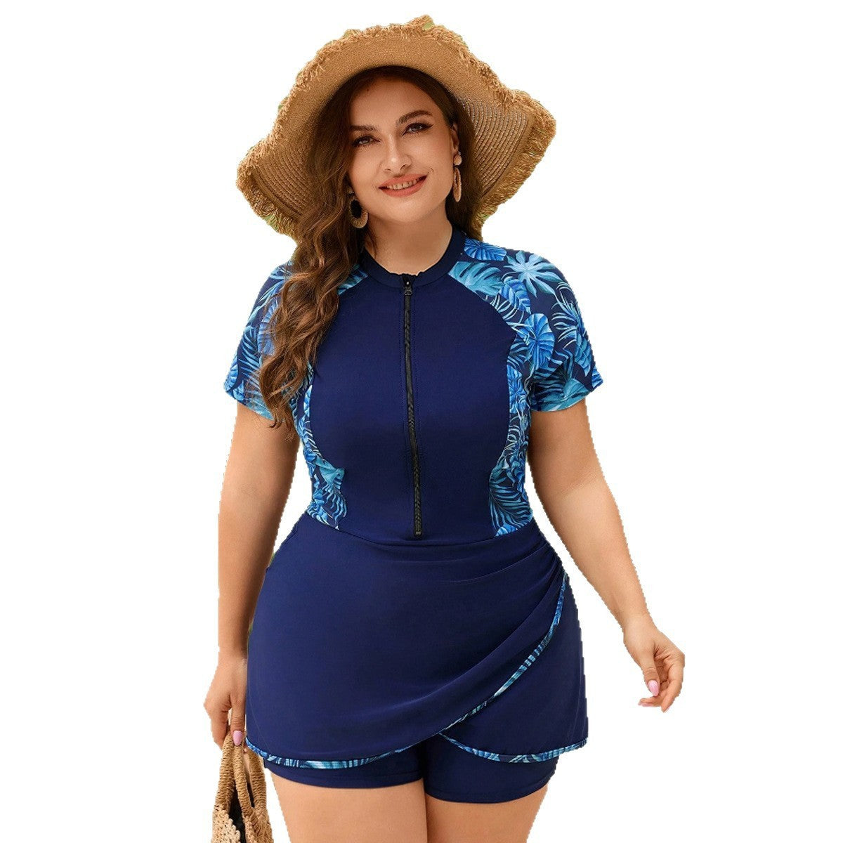 Split short sleeved zipper plus size Tankini swimsuit