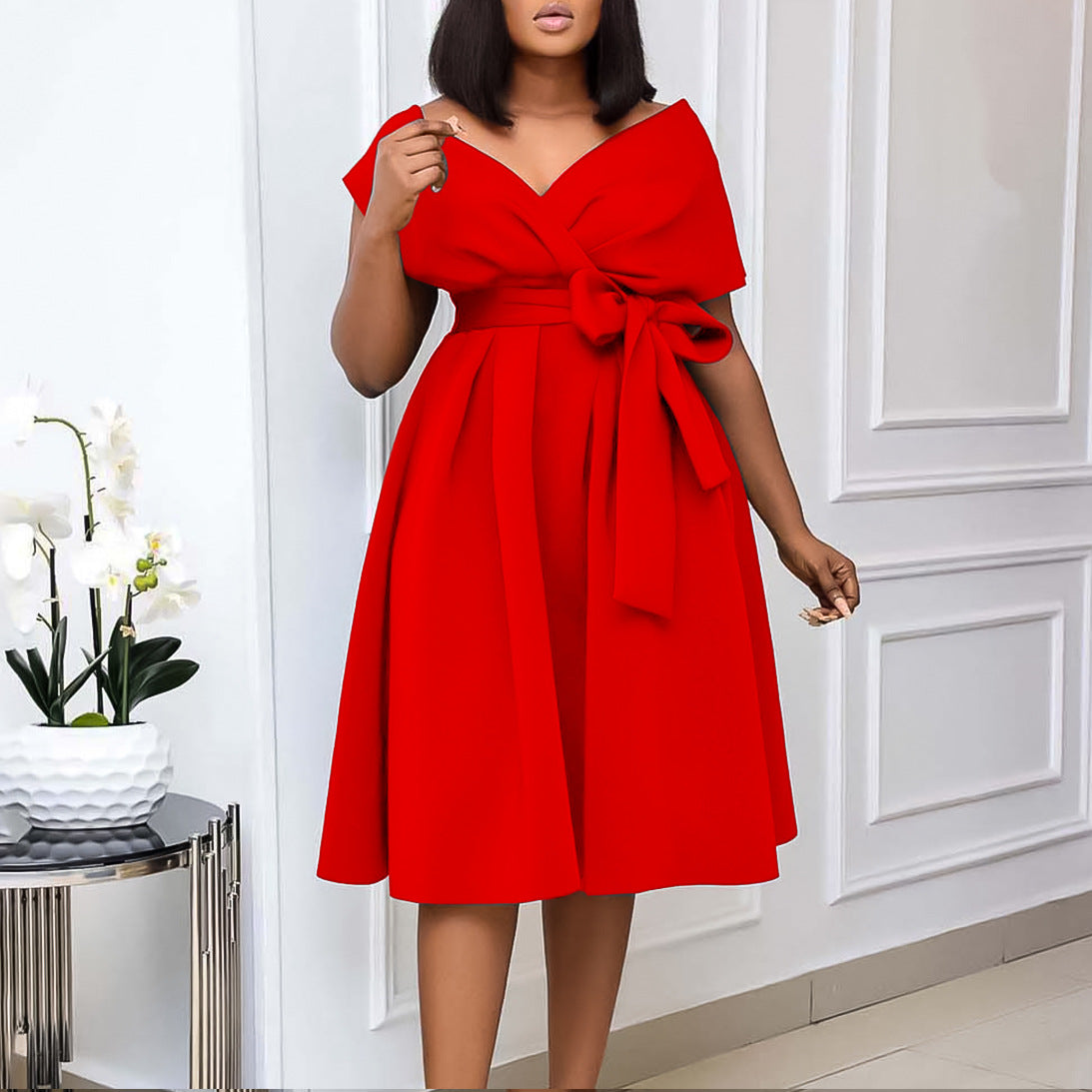 Fashionable V-neck Tie Elegant Plus Size Export European and American Dress