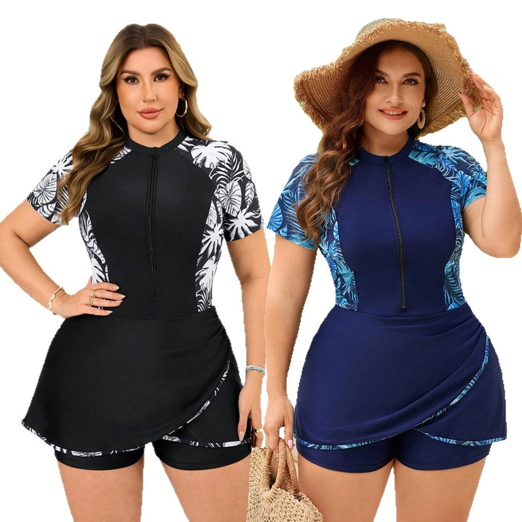 Split short sleeved zipper plus size Tankini swimsuit