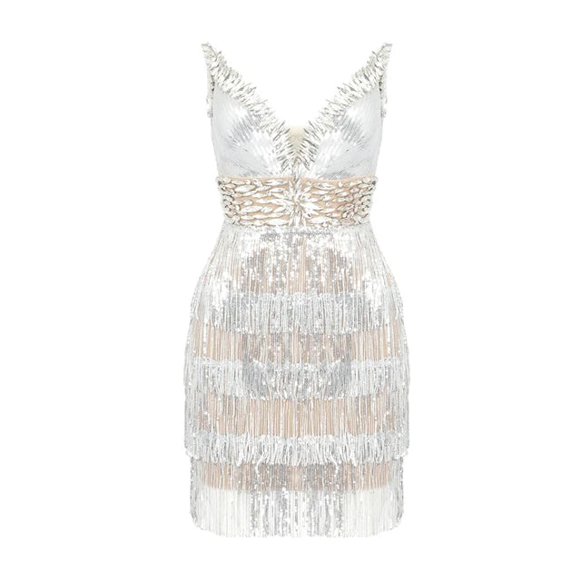 Luxury Party Dresses For Women Evening Formal Occasions Silver Tassels Sexy V Neck Sleeveless Mini Dress