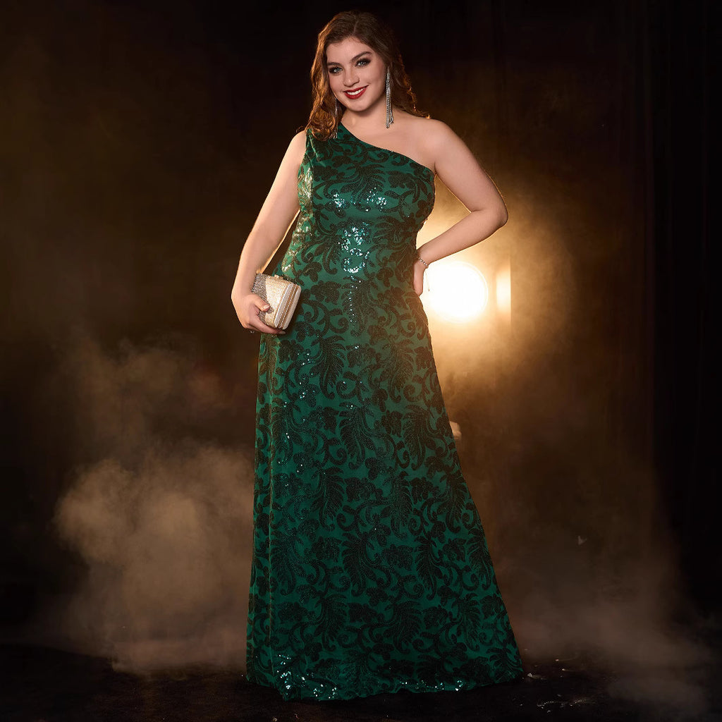 Elegant Long Sleeveless Dress with Asymmetric Neckline Glittery  Evening Gown Plus Size Formal Dress