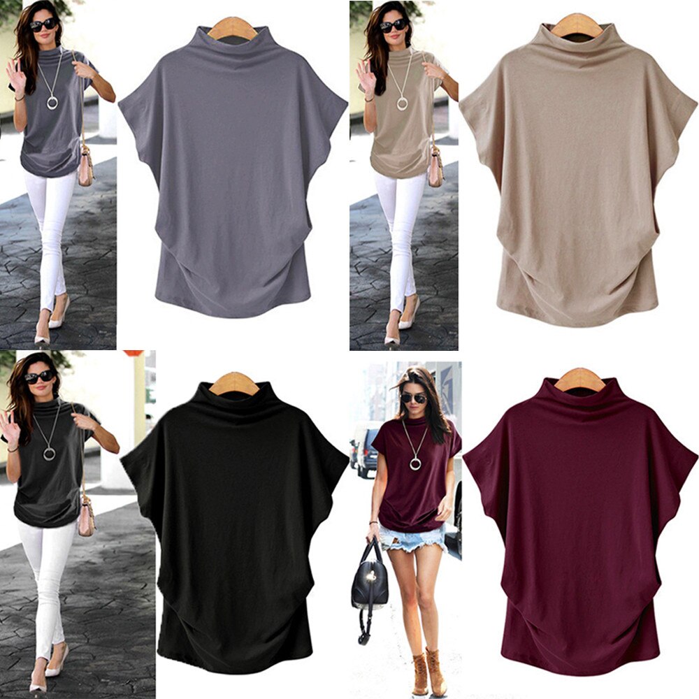 In store Summer Turtleneck T Shirt Women Short Sleeve Solid Tshirt Fashion T-Shirt Plus Size Loose Ladies Tops футболка женск
