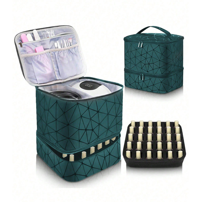 Portable 30-Compartment Nail Organizer Case with Polish & Oil Bags, All-in-One Manicure Tools & Cosmetic Storage Kit