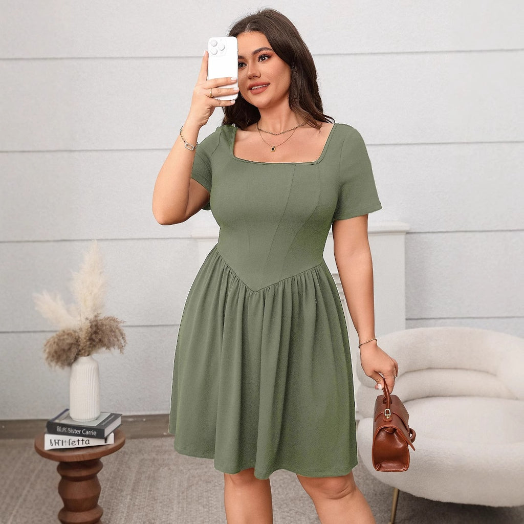Elegant Plus Size Women's Dress Spring Summer Short Sleeve Square Neck Solid Color Slimming