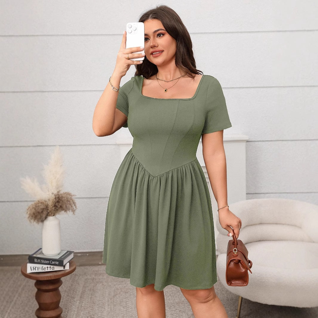 Elegant Plus Size Women's Dress Spring Summer Short Sleeve Square Neck Solid Color Slimming