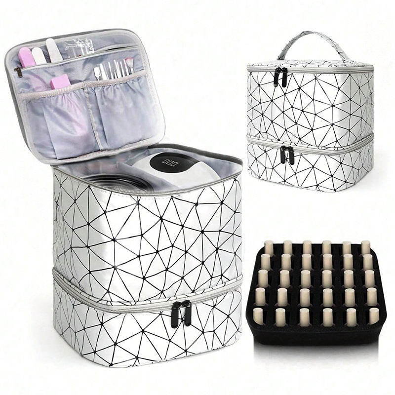 Portable 30-Compartment Nail Organizer Case with Polish & Oil Bags, All-in-One Manicure Tools & Cosmetic Storage Kit