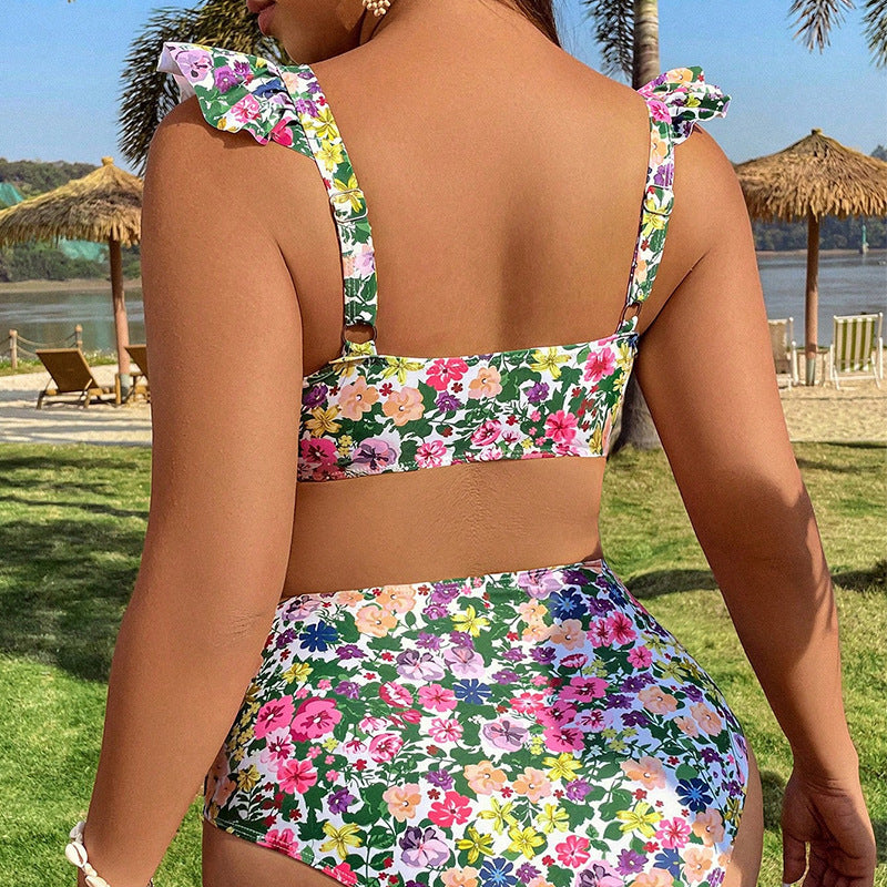 Plus Size Swimwear Floral Ruffle Push-Up Bikini Set for Women