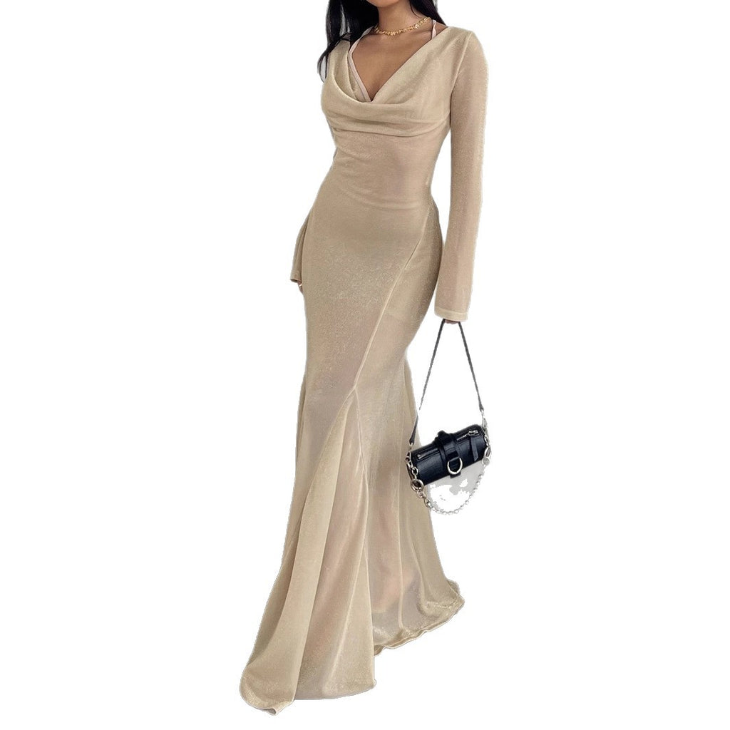 Style Golden Glitter Two-Piece Dress with Micro-Transparency, Sexy Backless Tied Evening Gown Long Skirt