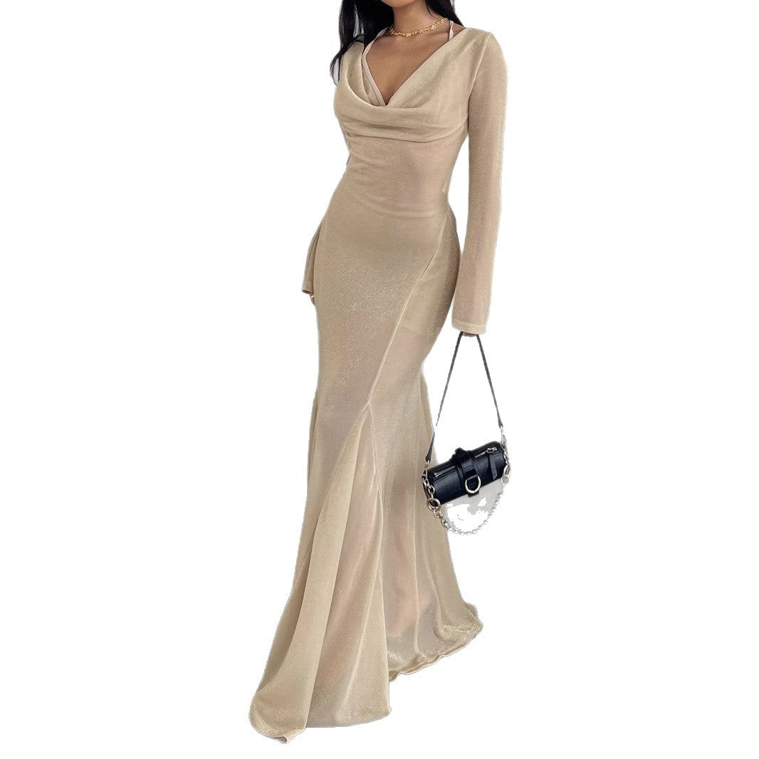 Style Golden Glitter Two-Piece Dress with Micro-Transparency, Sexy Backless Tied Evening Gown Long Skirt