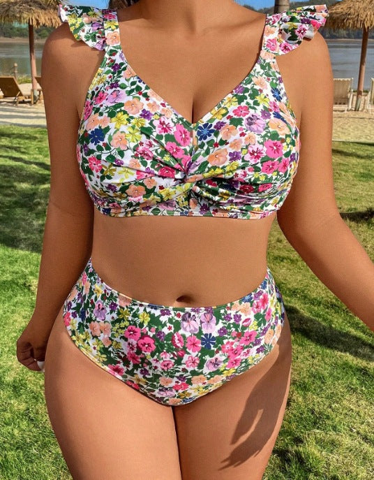 Plus Size Swimwear Floral Ruffle Push-Up Bikini Set for Women