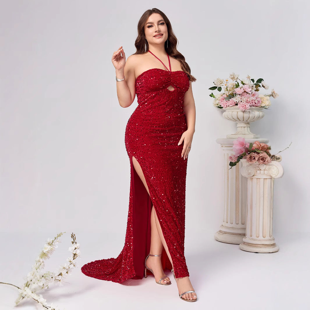 Elegant Red Sleeveless Sequined Dress with Neckline and Slit for Women, Fashionable and Sexy, Plus Size, Party Dress