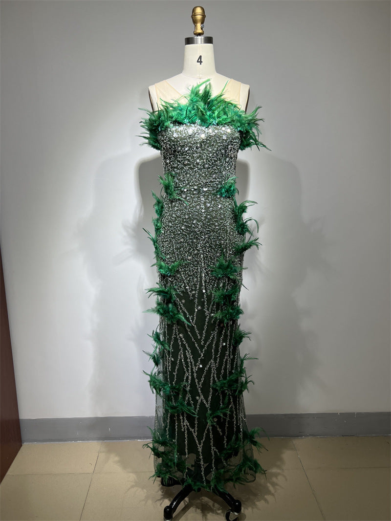 Formal Dresses For Women Luxury Green Feather Sleeveless Maxi Long Gowns Evening Party Dress Summer