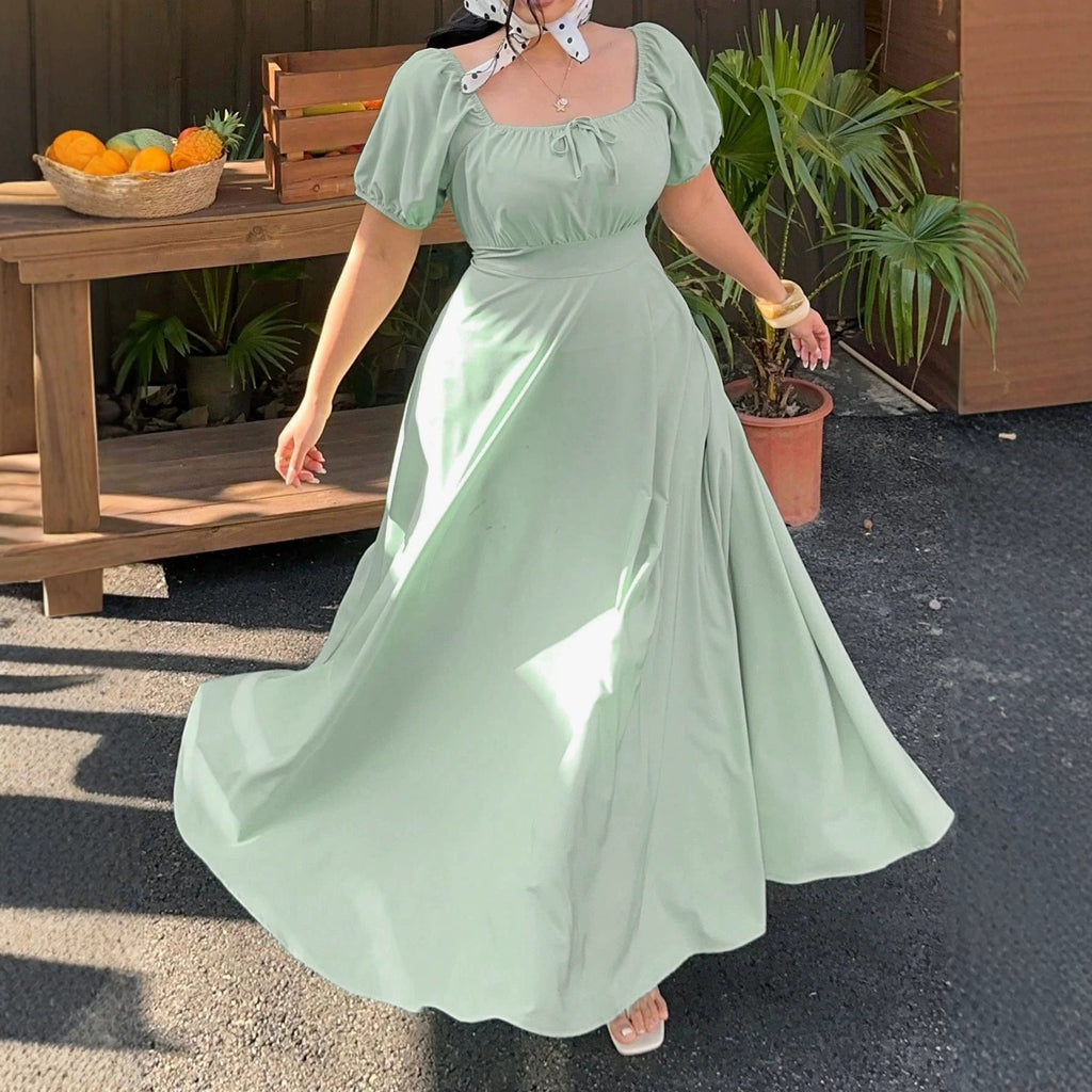 Sexy Women's Square Neck Bubble Sleeve Solid Color Elegant Plus Size Dress