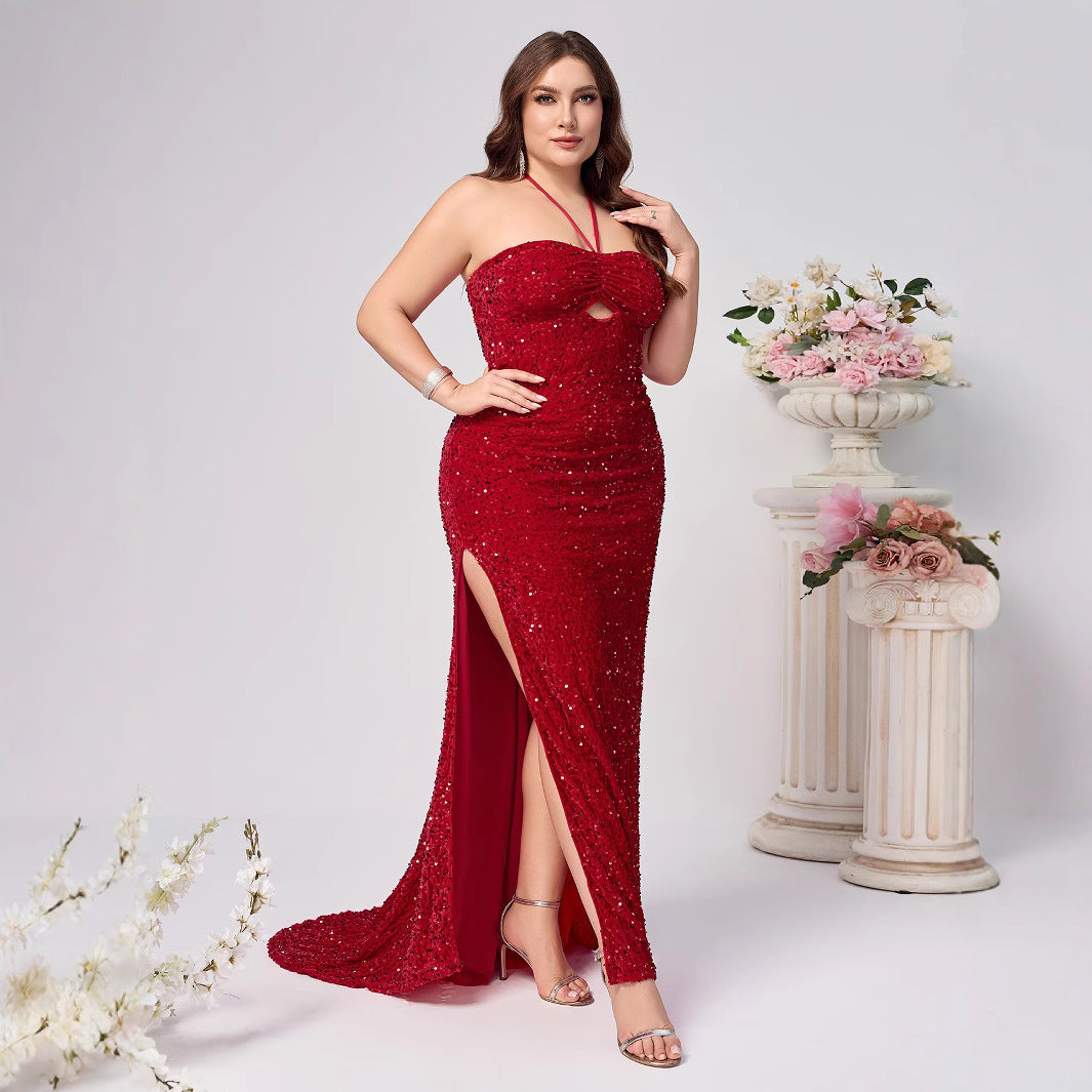 Elegant Red Sleeveless Sequined Dress with Neckline and Slit for Women, Fashionable and Sexy, Plus Size, Party Dress