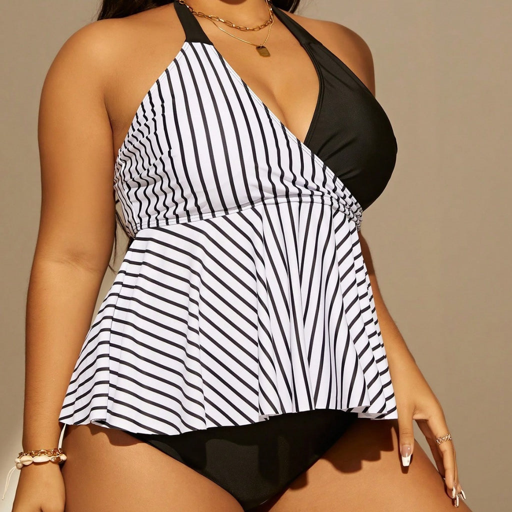 Separate Swimwear Plus Size with Color-Blocking Stripe Design