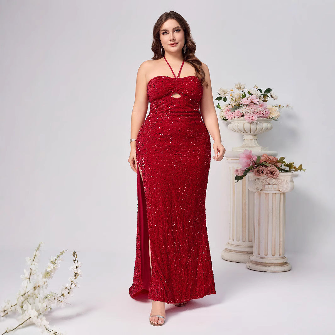 Elegant Red Sleeveless Sequined Dress with Neckline and Slit for Women, Fashionable and Sexy, Plus Size, Party Dress