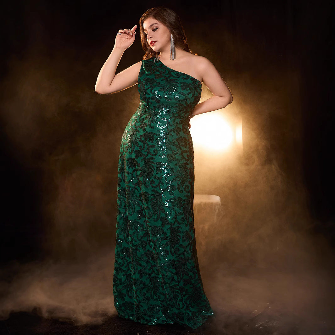 Elegant Long Sleeveless Dress with Asymmetric Neckline Glittery  Evening Gown Plus Size Formal Dress