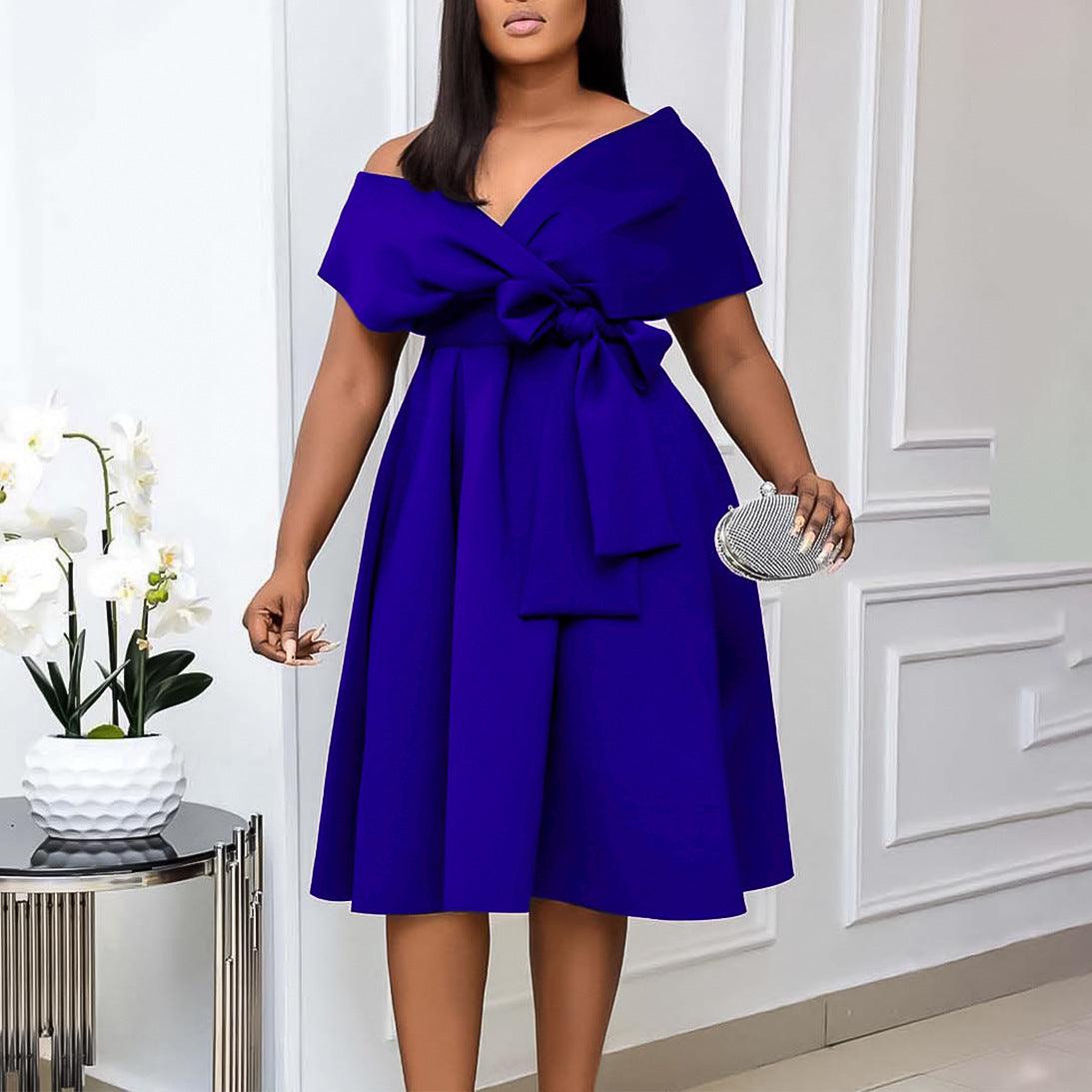 Fashionable V-neck Tie Elegant Plus Size Export European and American Dress