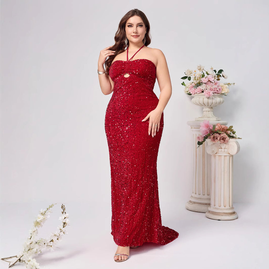 Elegant Red Sleeveless Sequined Dress with Neckline and Slit for Women, Fashionable and Sexy, Plus Size, Party Dress
