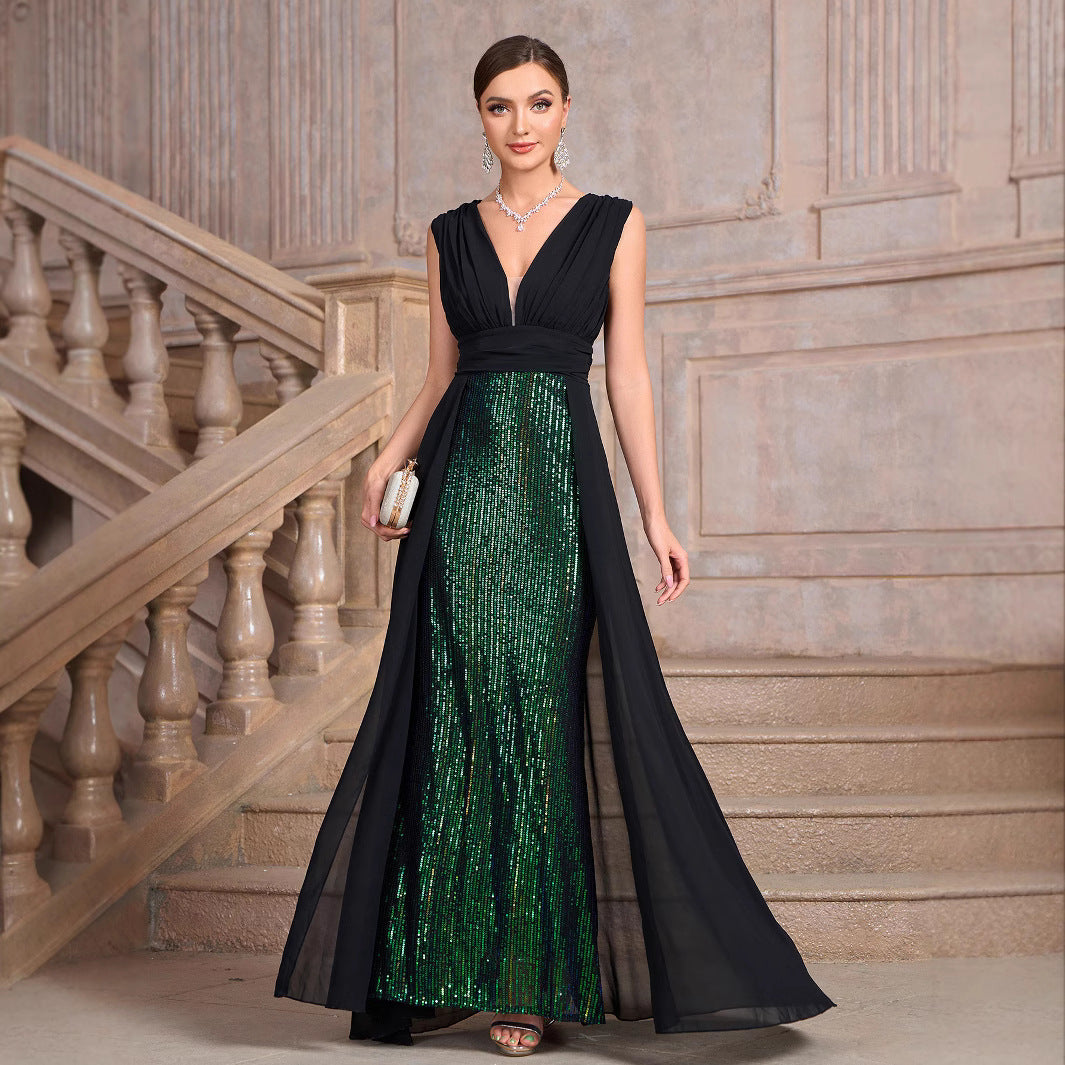 Big Size Women's Standard Size Dress, Winter New Glitter Sleeveless Evening Party Gown