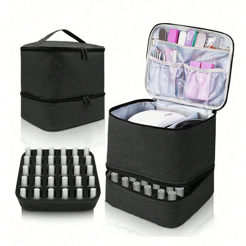Portable 30-Compartment Nail Organizer Case with Polish & Oil Bags, All-in-One Manicure Tools & Cosmetic Storage Kit