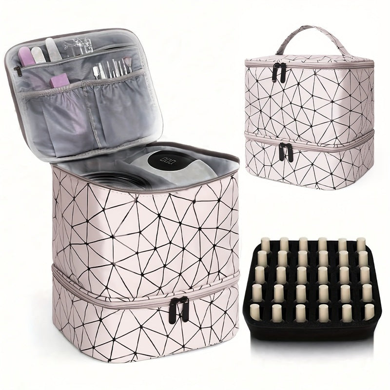 Portable 30-Compartment Nail Organizer Case with Polish & Oil Bags, All-in-One Manicure Tools & Cosmetic Storage Kit