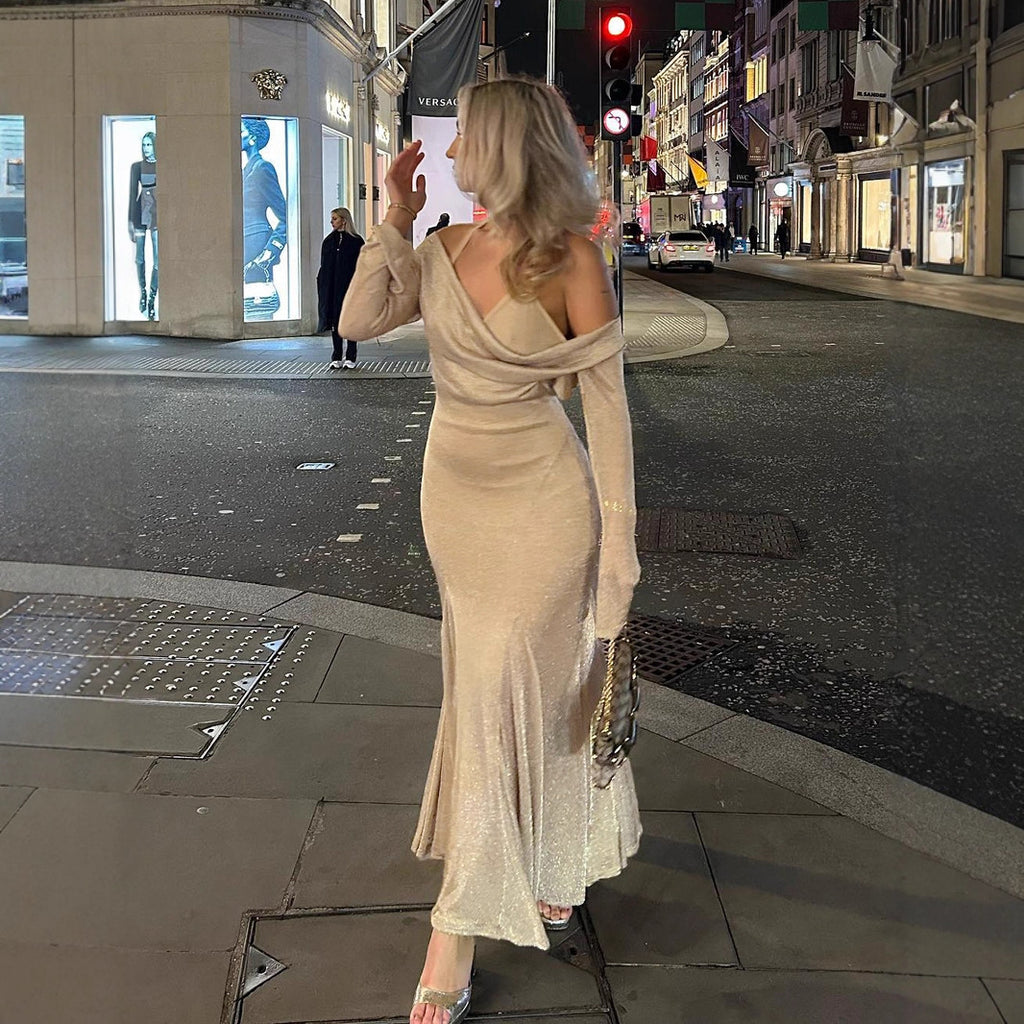Style Golden Glitter Two-Piece Dress with Micro-Transparency, Sexy Backless Tied Evening Gown Long Skirt