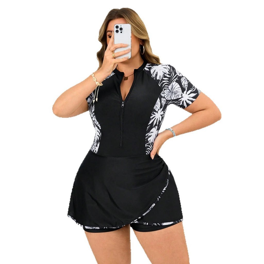 Split short sleeved zipper plus size Tankini swimsuit