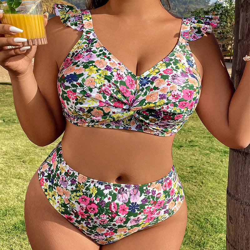 Plus Size Swimwear Floral Ruffle Push-Up Bikini Set for Women