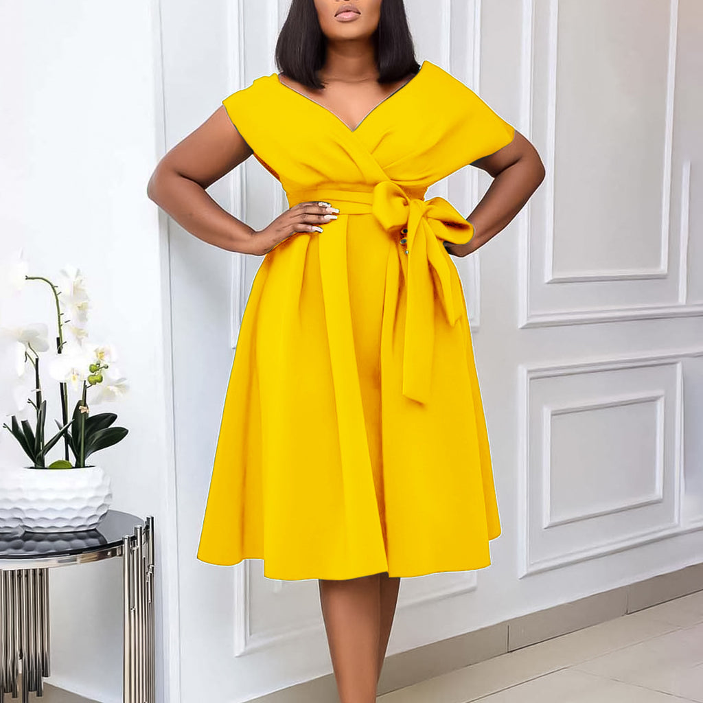 Fashionable V-neck Tie Elegant Plus Size Export European and American Dress