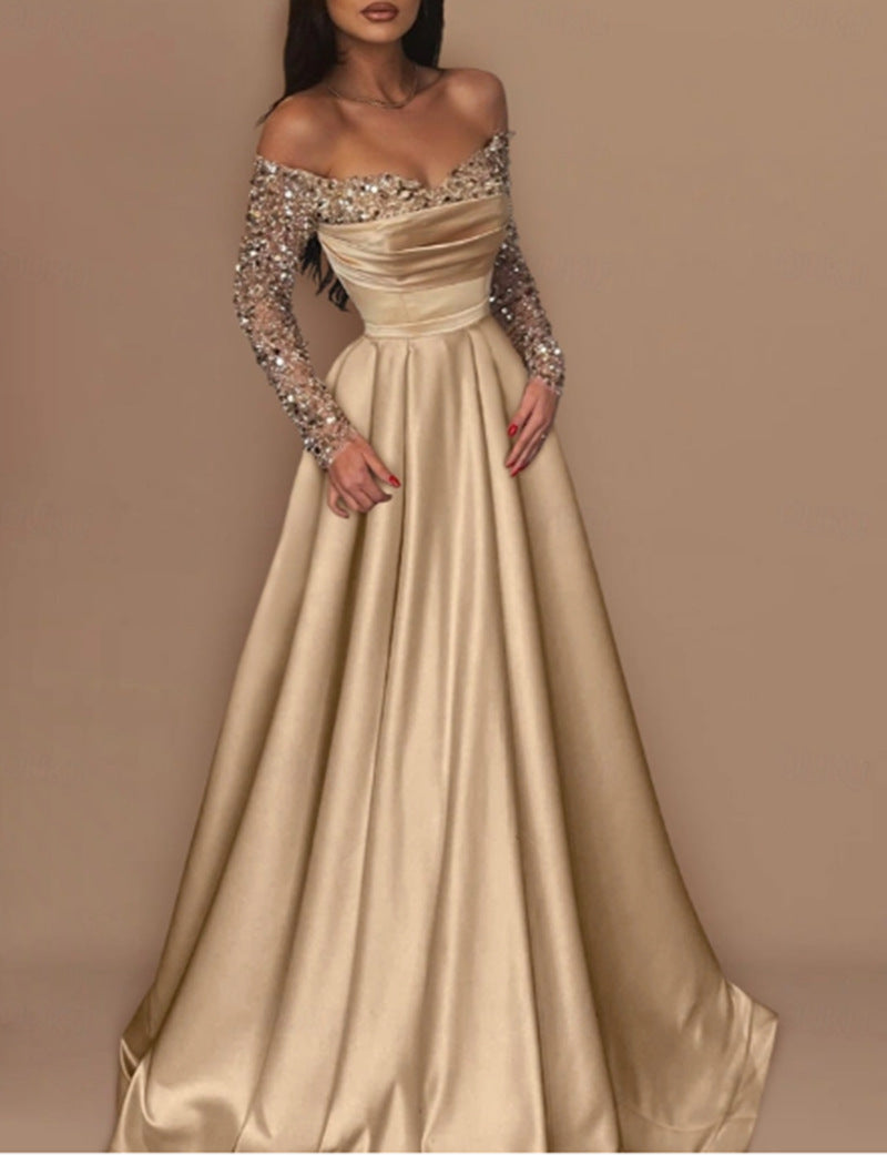 Elegant Long Sleeve Sequin Evening Gown for Women, Formal Party Dress, Chic Hostess Outfit, Glamorous Lady Style