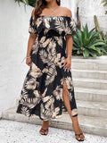 Tropical Print Vacation Summer Women's Plus Size Off-Shoulder Dress Casual Style