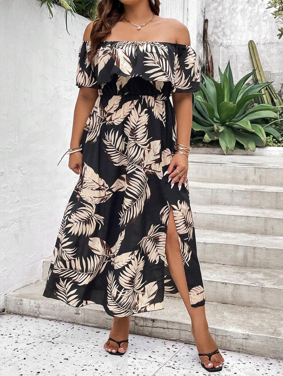 Tropical Print Vacation Summer Women's Plus Size Off-Shoulder Dress Casual Style