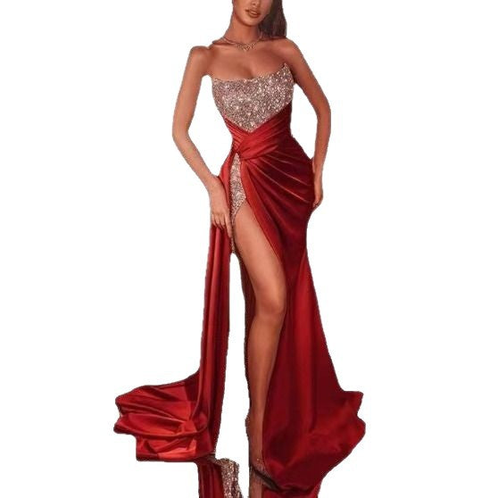 Glitter Split Maxi Dress for Women, Sexy Off-Shoulder Strapless Flared Long Dress, Evening Gown