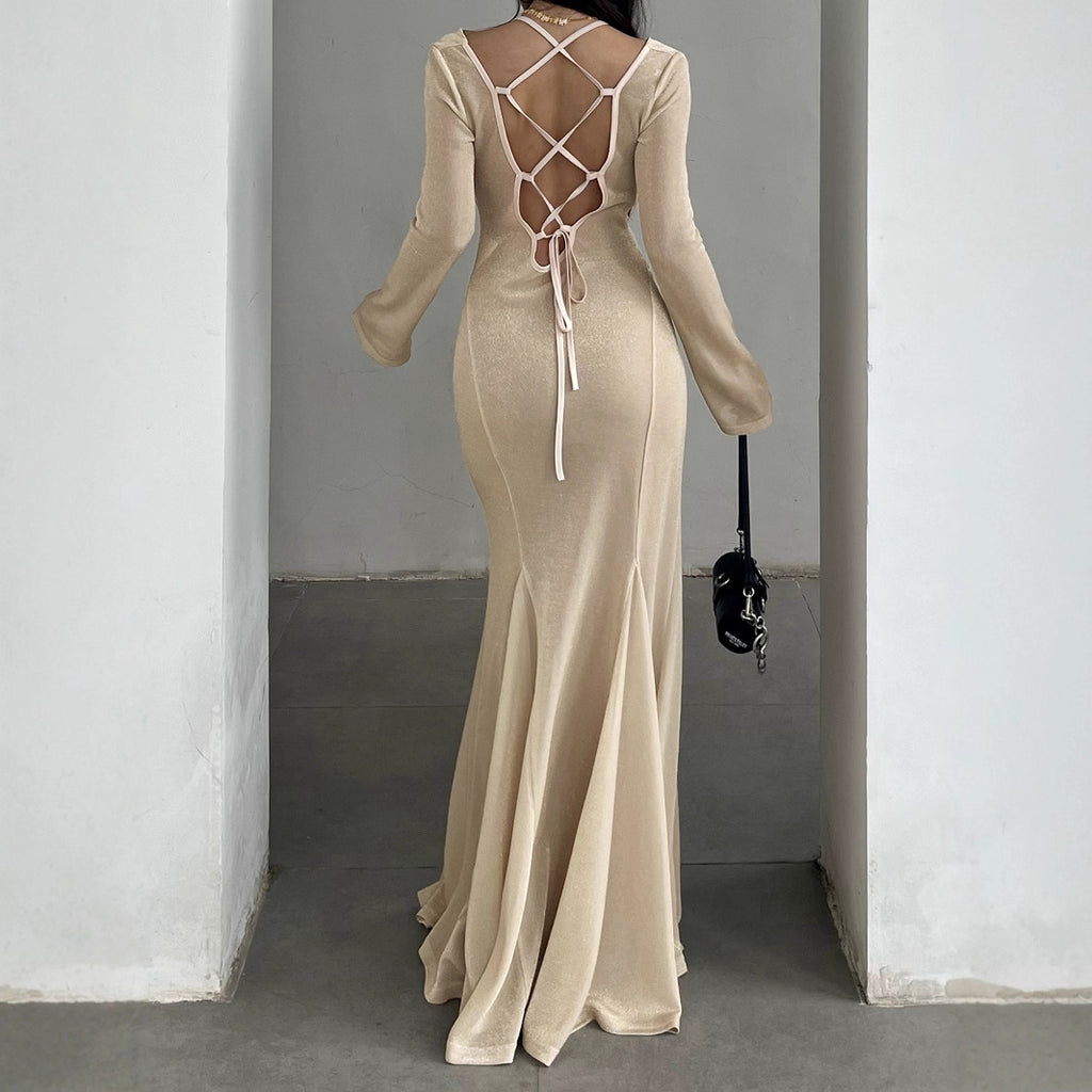 Style Golden Glitter Two-Piece Dress with Micro-Transparency, Sexy Backless Tied Evening Gown Long Skirt