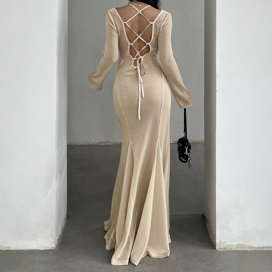 Style Golden Glitter Two-Piece Dress with Micro-Transparency, Sexy Backless Tied Evening Gown Long Skirt