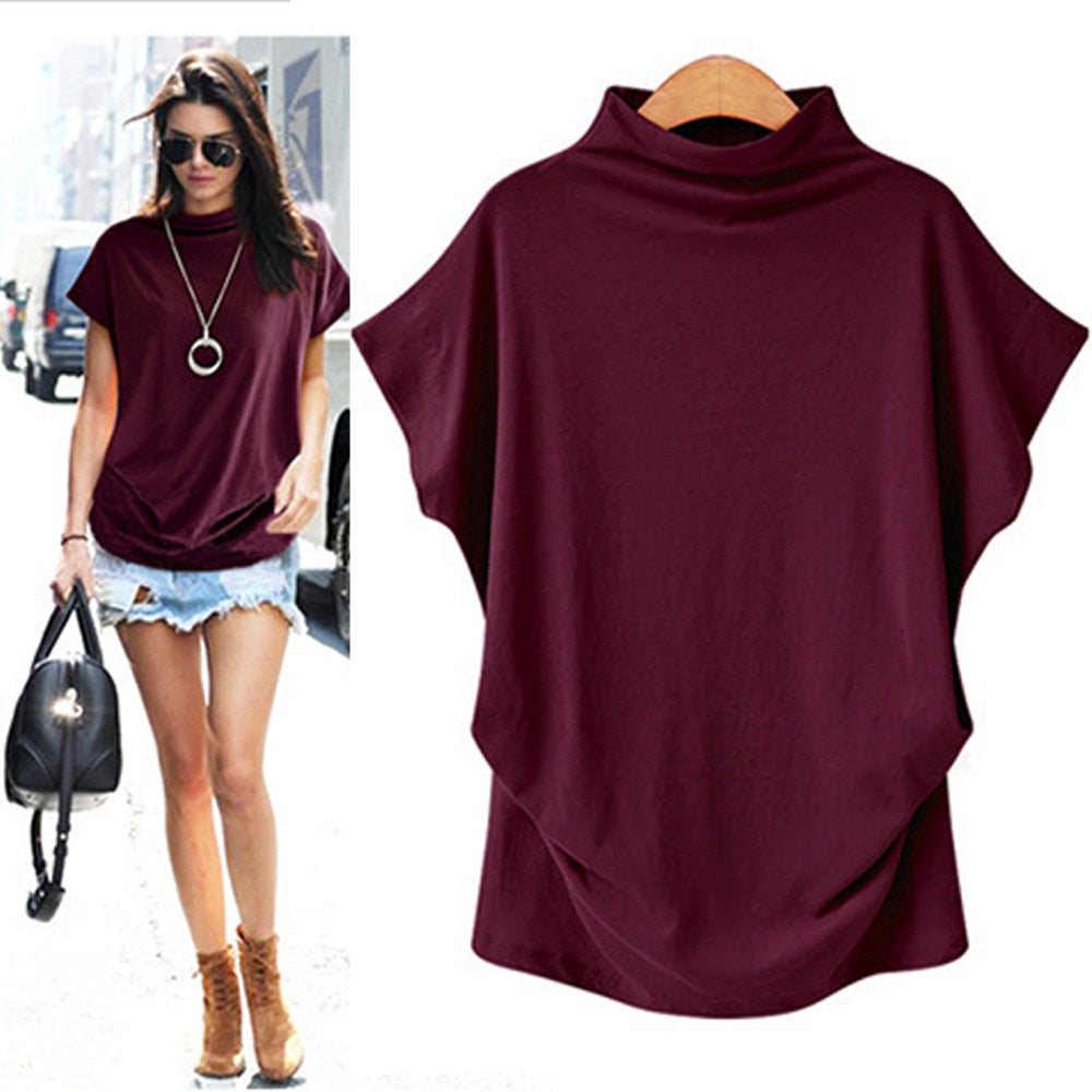 In store Summer Turtleneck T Shirt Women Short Sleeve Solid Tshirt Fashion T-Shirt Plus Size Loose Ladies Tops футболка женск