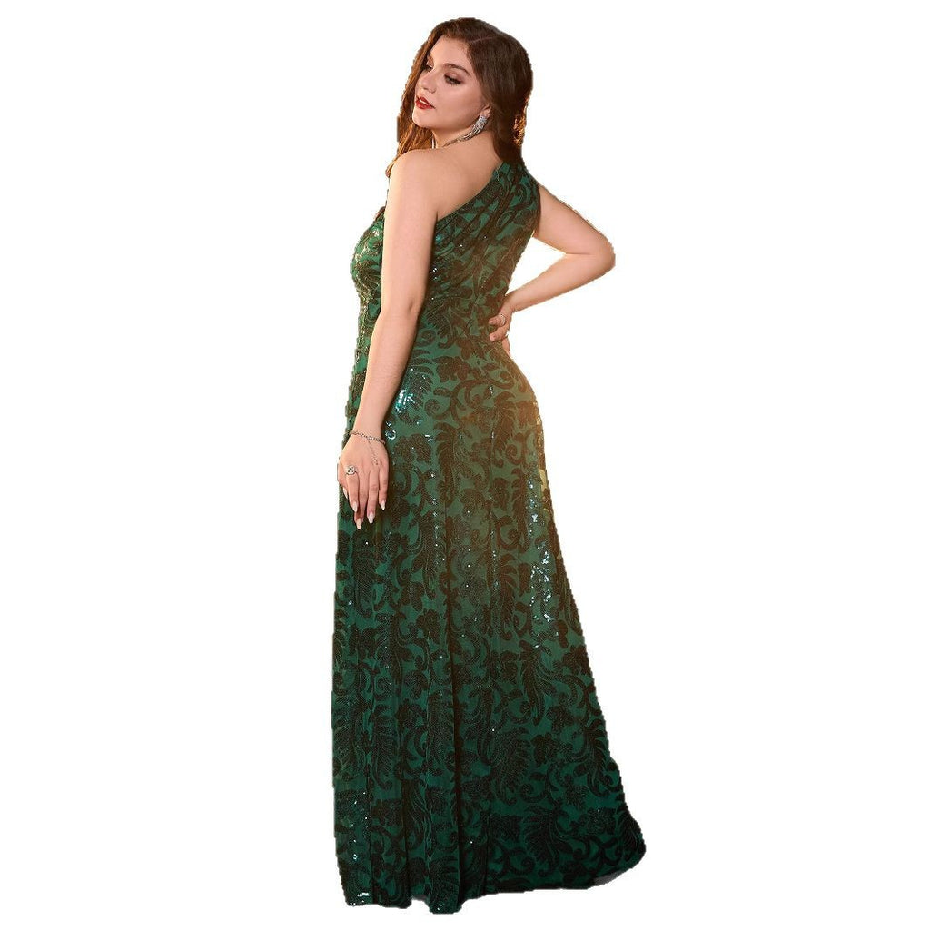 Elegant Long Sleeveless Dress with Asymmetric Neckline Glittery  Evening Gown Plus Size Formal Dress